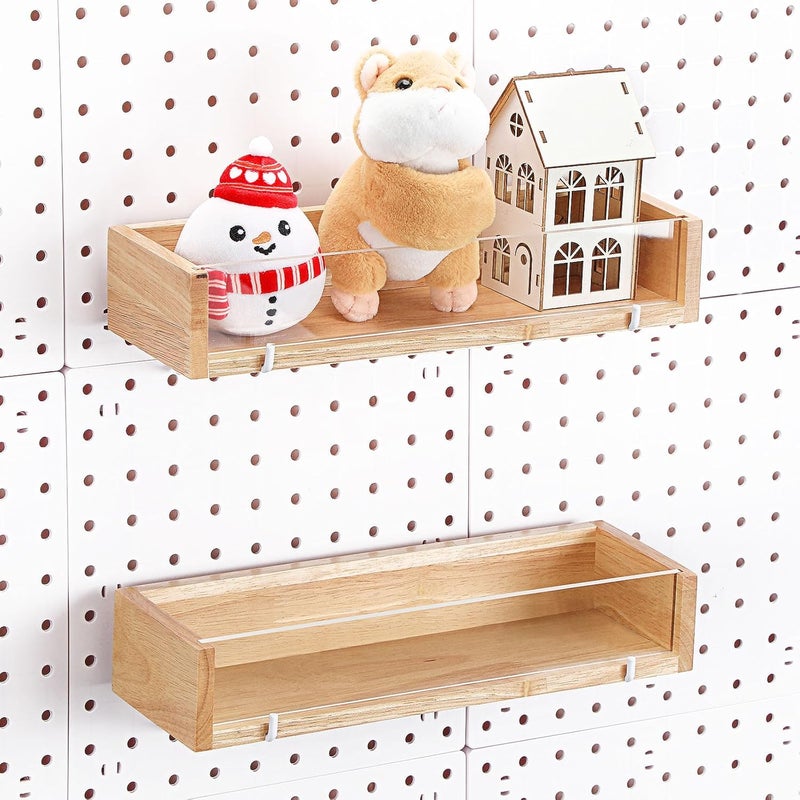 Marsui 2 Pcs Pegboard Shelf Wood with Acrylic 12.2 x 3.94 Inch Display Shelves Brackets with Metal Hooks Heavy Duty Pegboard Accessories for Storage and Organization(Wood) - Image 1